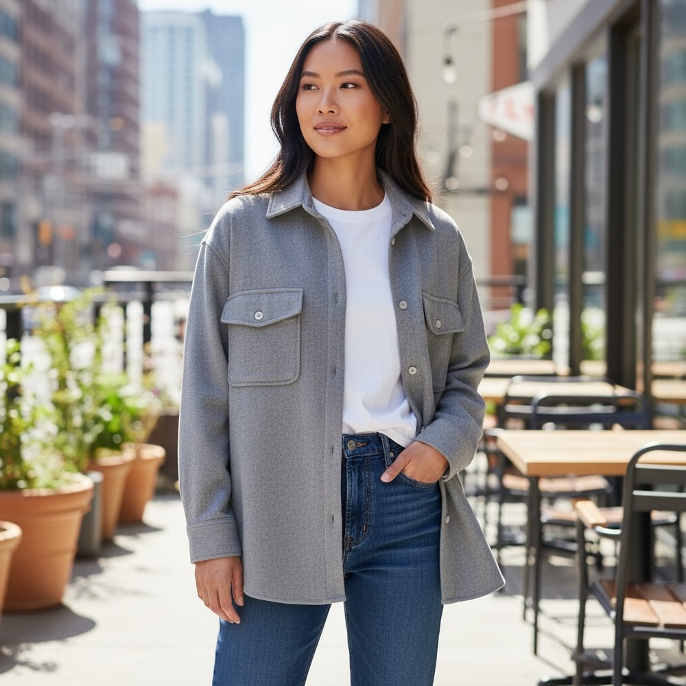 H&M Shacket Medium Grey Excellent Oversized Button Up Flap Pocket Shirt Jacket